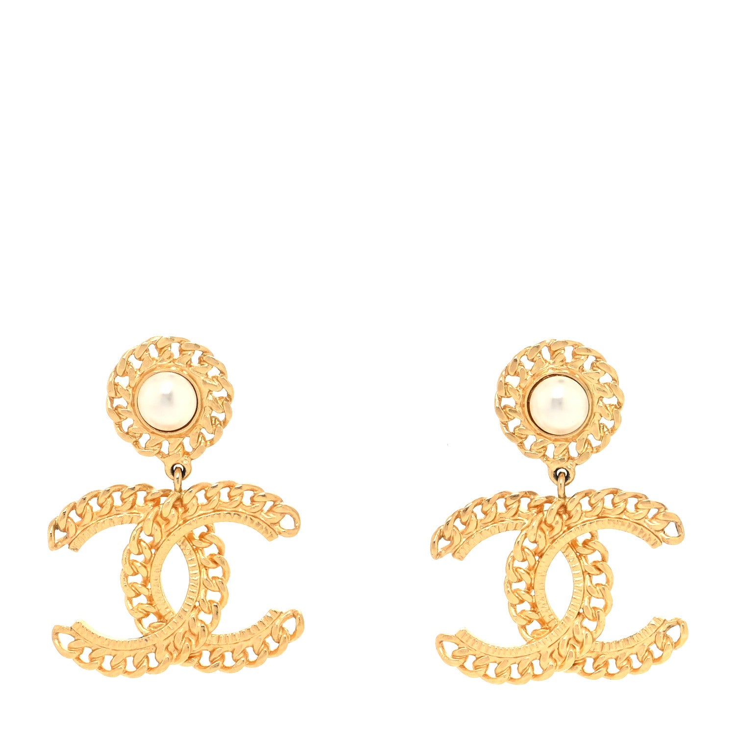 Chanel Metal Pearl CC Chain Drop Earrings Gold 1 of 4