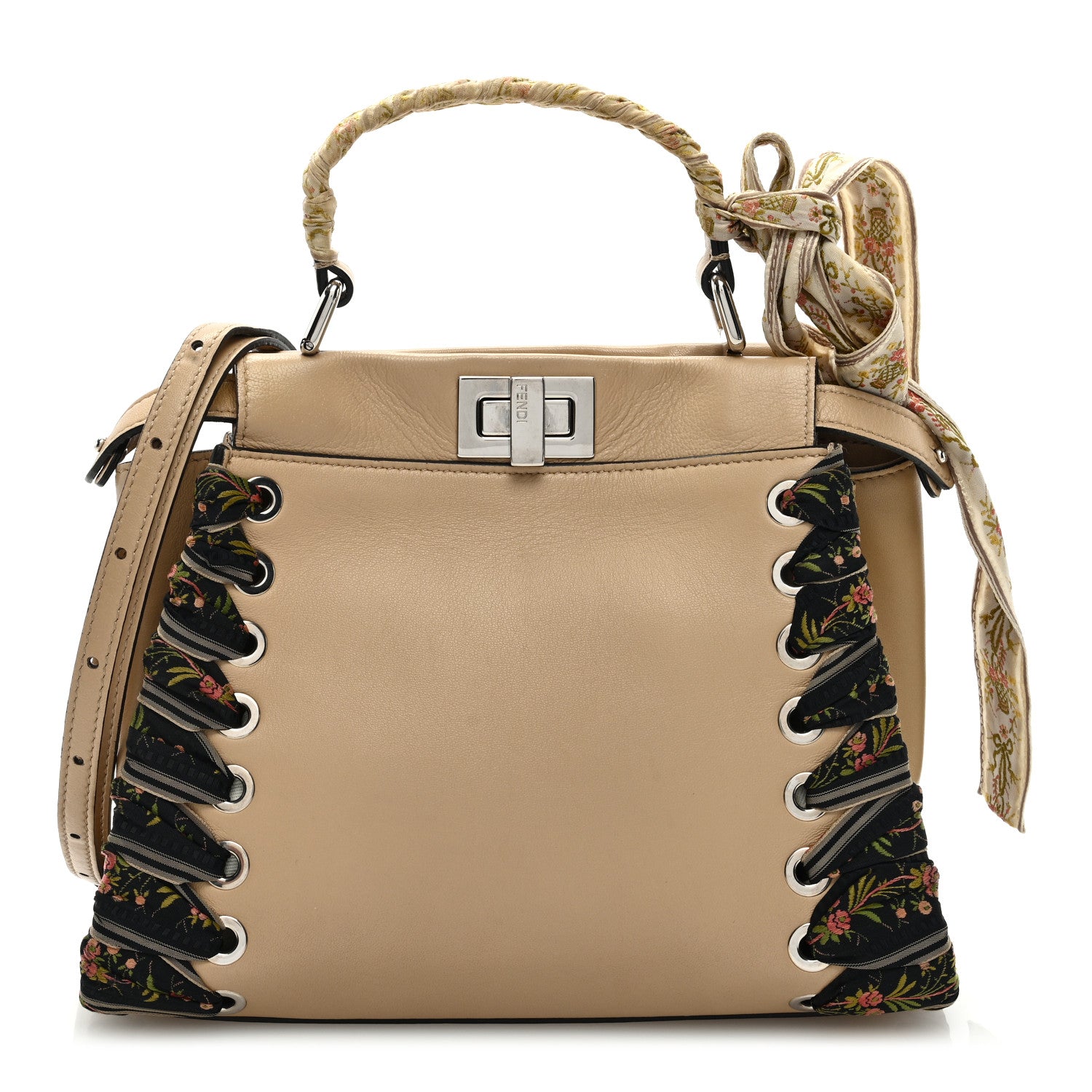 Fendi Nappa Ribbon Lace Up Mini Peekaboo Iconic Satchel Beige 1 of 9
