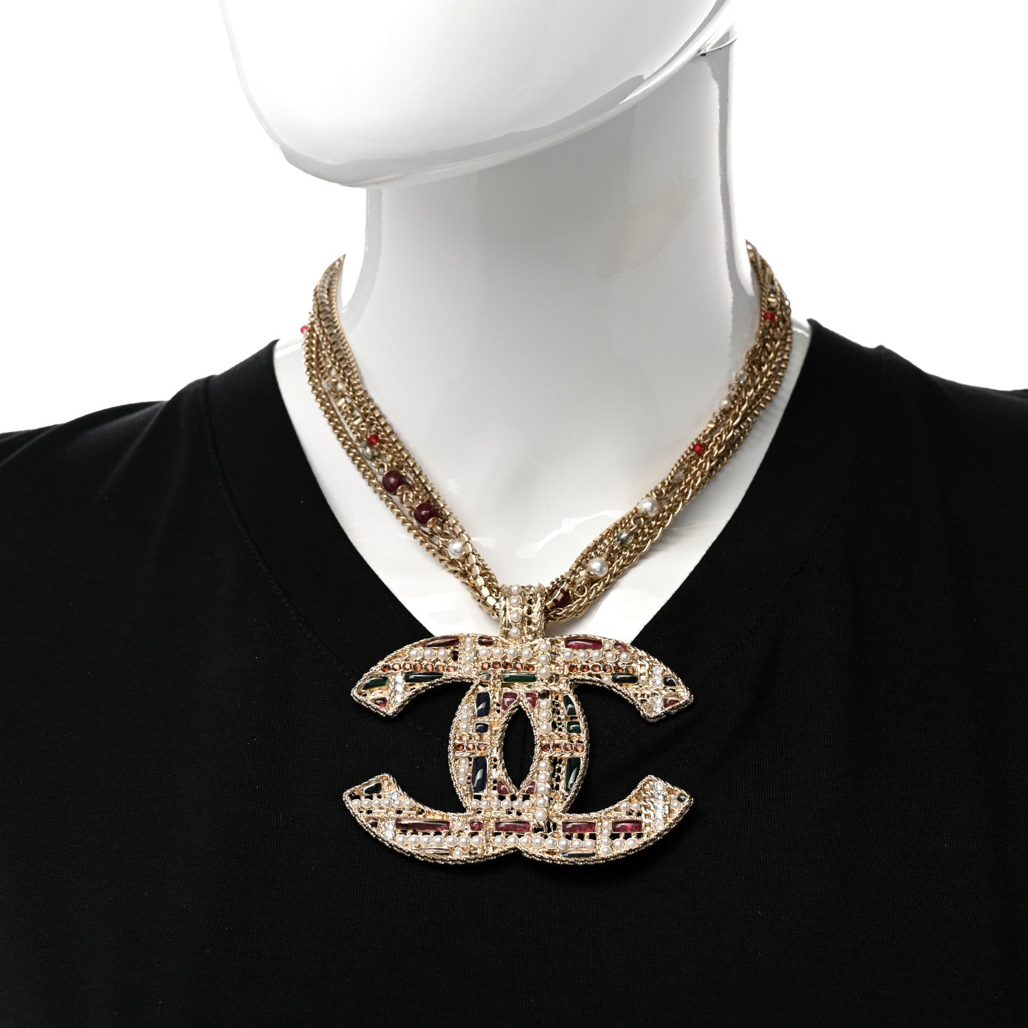 Chanel Tweed Effect Multi Strand CC Large Pendant Necklace Gold Multicolor 2 of 6