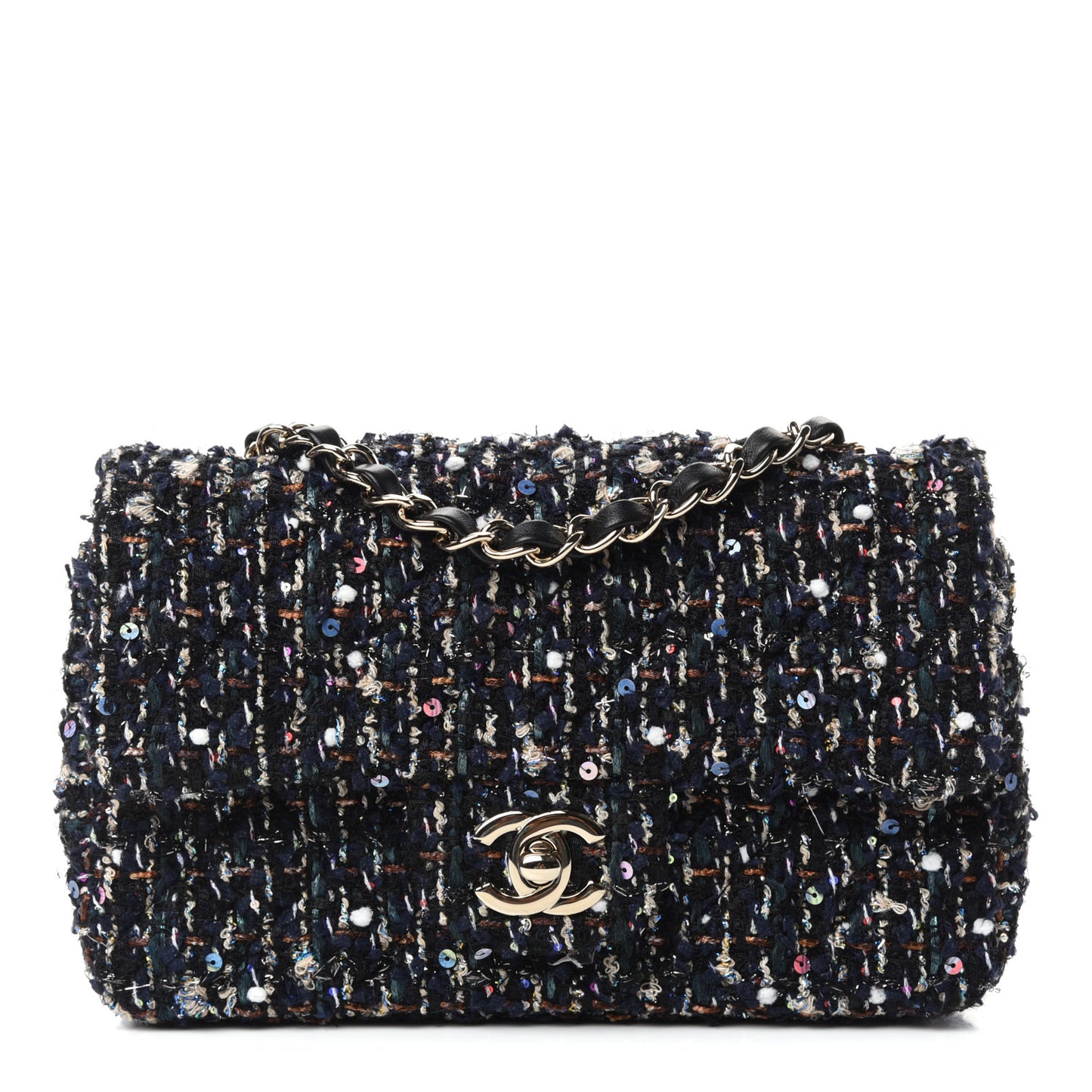 Glittered Tweed Quilted Mini Rectangular Flap Navy Blue Mulitcolor