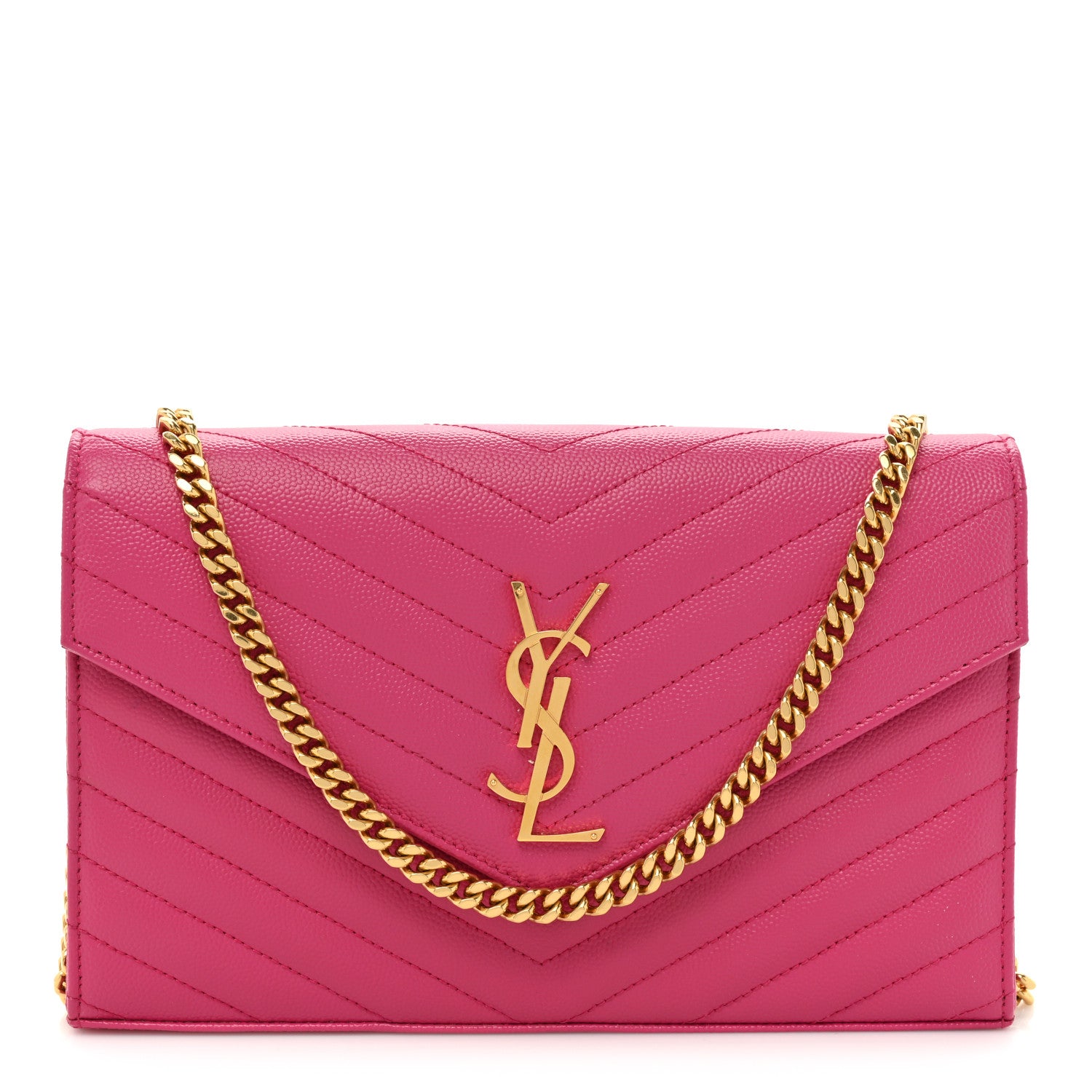 Saint Laurent Grain De Poudre Matelasse Chevron Cassandre Chain Wallet Lipstick Fuschia 1 of 17