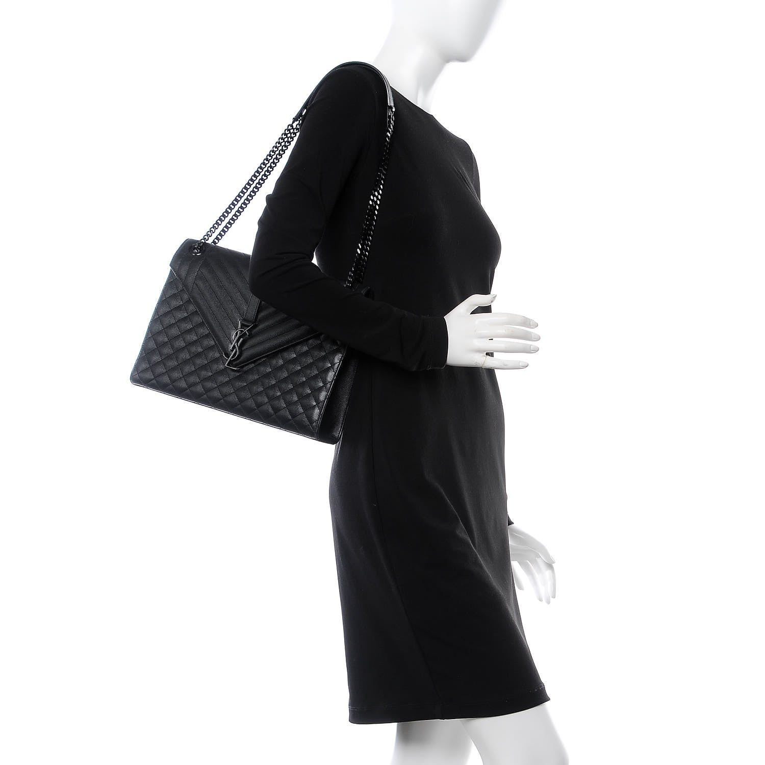 Saint Laurent Grain De Poudre Textured Mixed Matelasse Large Triquilt Monogram Monochrome Satchel Black 2 of 11