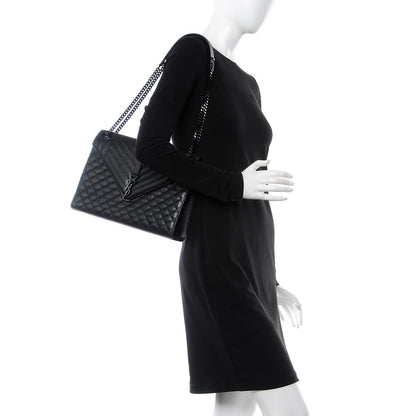 Saint Laurent Grain De Poudre Textured Mixed Matelasse Large Triquilt Monogram Monochrome Satchel Black 2 of 11