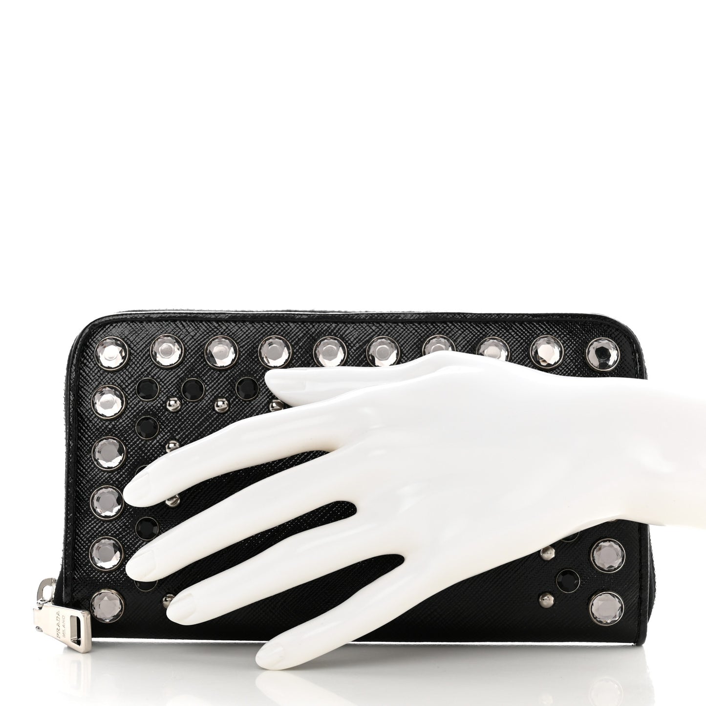 Saffiano Vernice Crystal Studded Zip Around Wallet Black