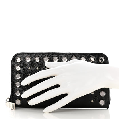 Prada Saffiano Vernice Crystal Studded Zip Around Wallet Black 2 of 7