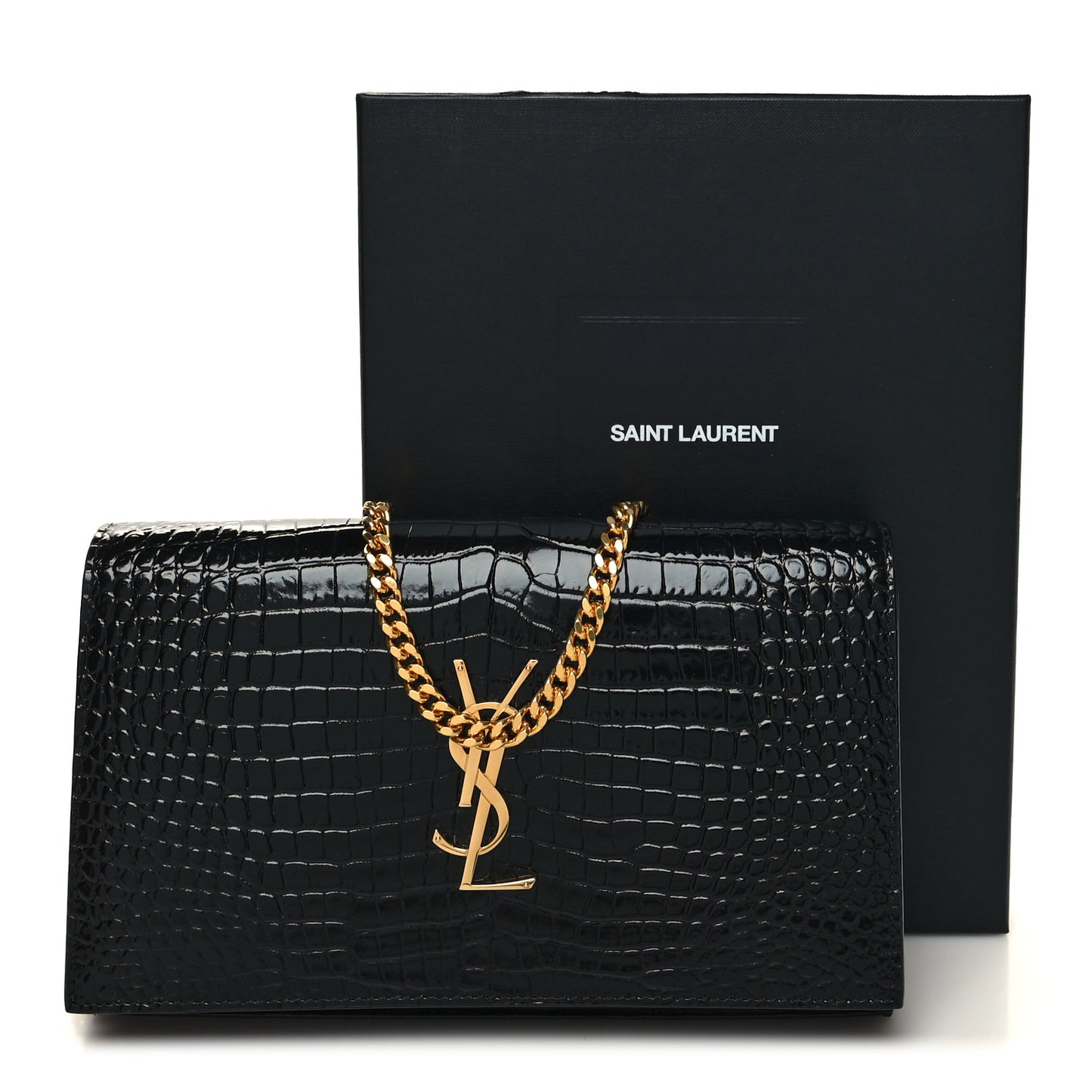 Calfskin Crocodile Embossed Cassandre Wallet On Chain WOC Black
