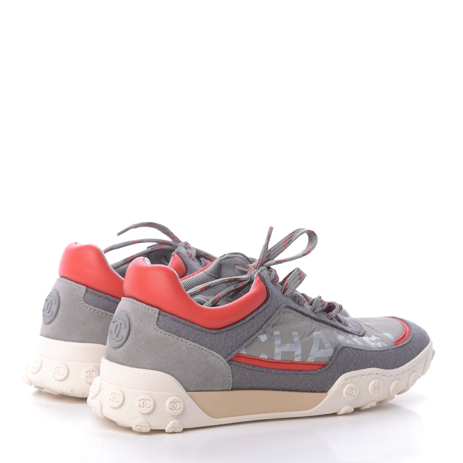 Chanel Nylon Calfskin Suede Womens CC Sneakers 36 Grey Red 4 of 10