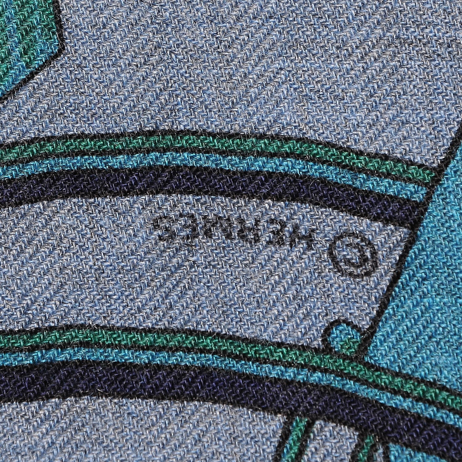Hermes Cashmere Silk Les Voitures A Transformation Shawl 140 Bleu De Chine Kaki Marine 6 of 7