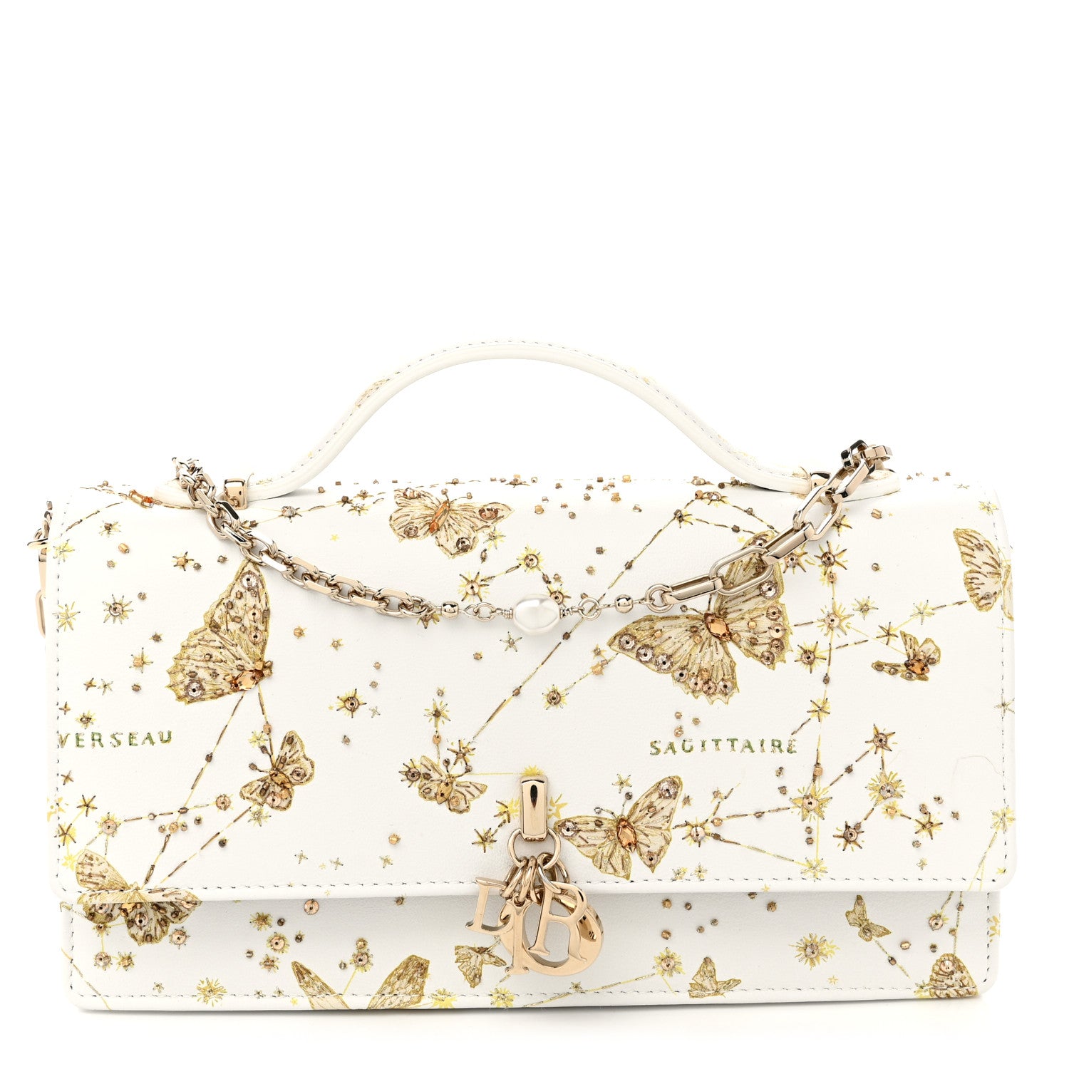 Christian Dior Calfskin Butterfly Zodiac Print Embroidery Mini My Dior Top Handle Clutch White Gold 1 of 10