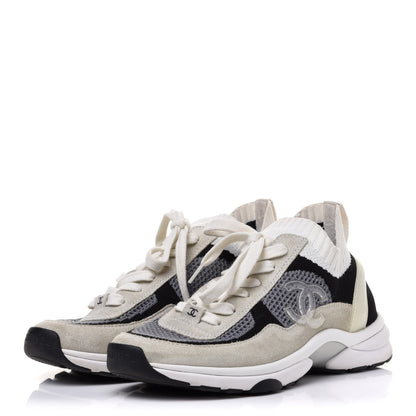 Chanel Fabric Suede Calfskin Stretch CC Sneakers Beige Black 3 of 8