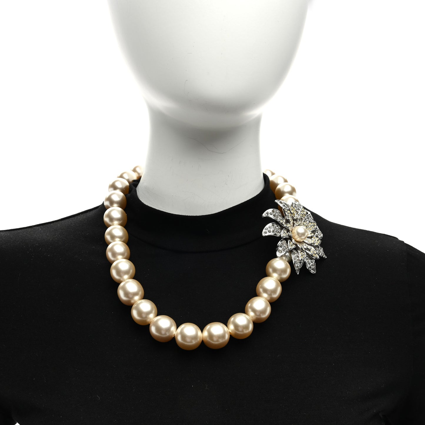 Crystal Pearl Flower CC Necklace Silver
