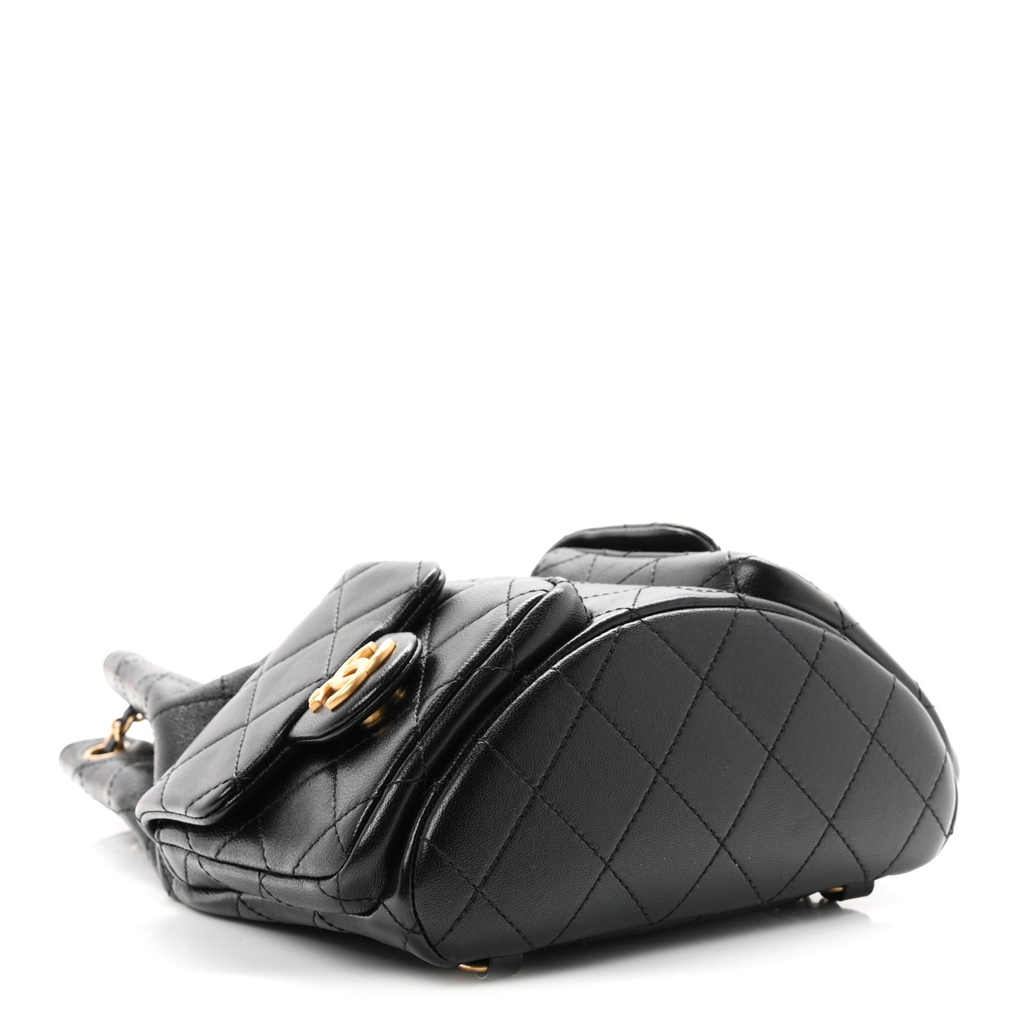 Shiny Lambskin Quilted Double Pocket Backpack Black