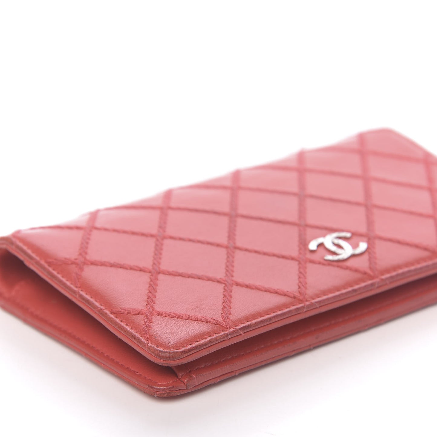 Lambskin Double Stitch Quilted Yen Wallet Red