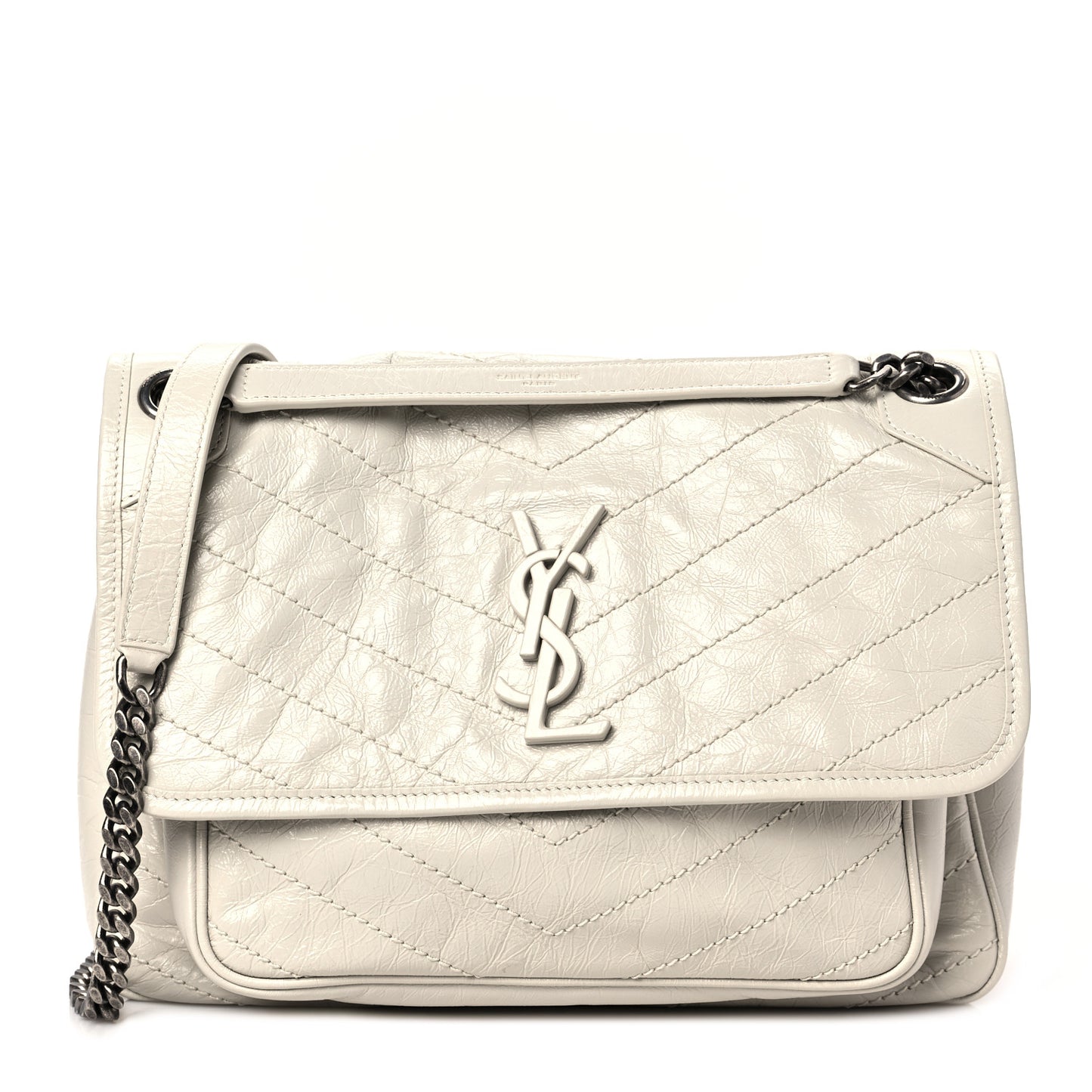 Crinkled Calfskin Matelasse Monogram Medium Niki Chain Satchel Ivory