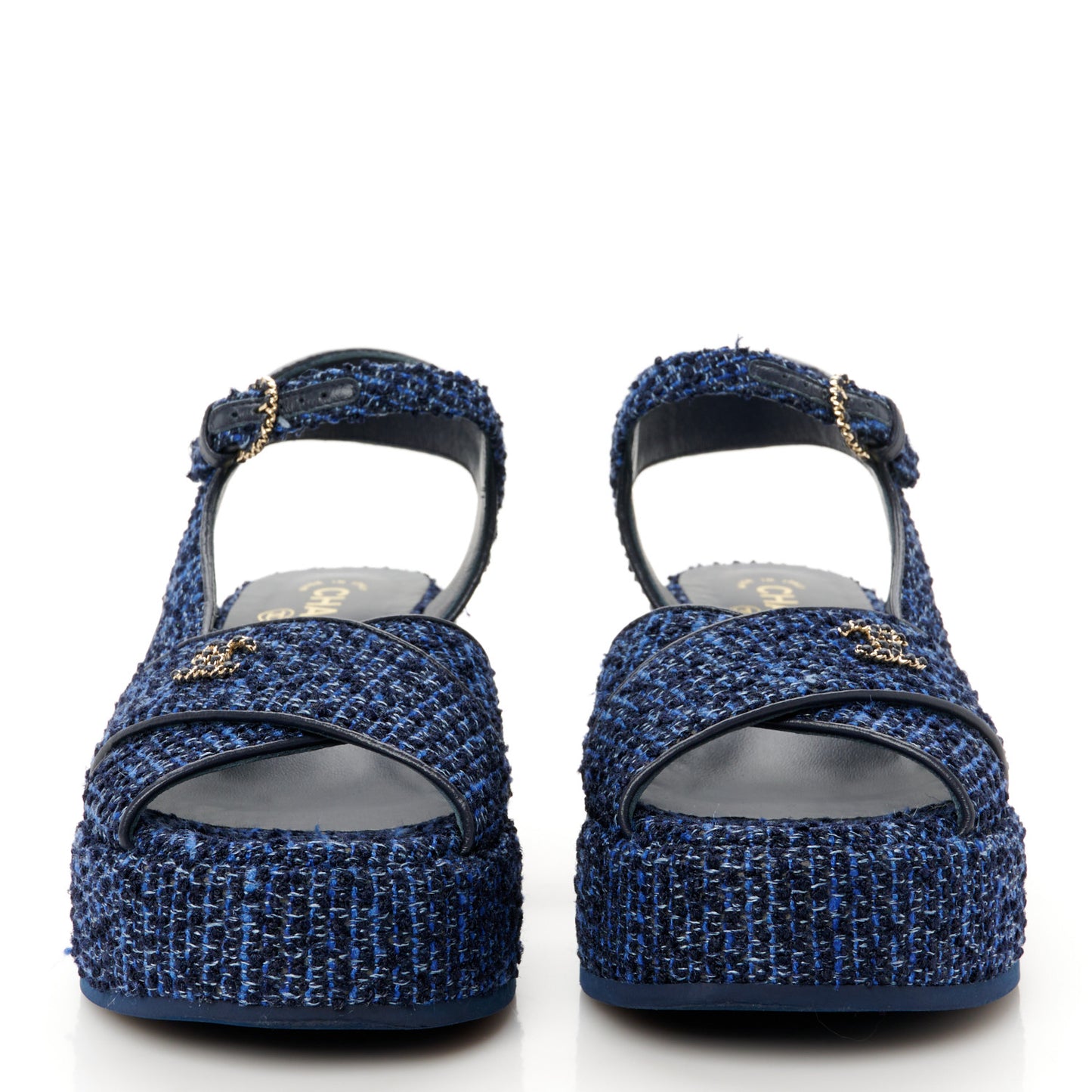 Silk Linen Tweed Quilted CC Platform Sandals 38.5 Navy Blue Gray