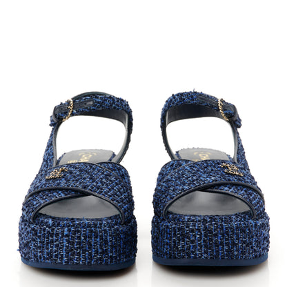 Chanel Silk Linen Tweed Quilted CC Platform Sandals 38.5 Navy Blue Gray 3 of 9