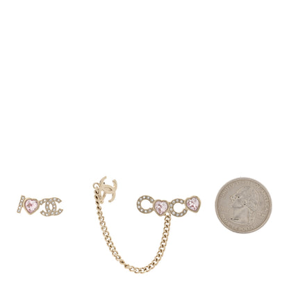 Chanel Metal Strass I Love Coco Heart Chain Climber Earrings Gold Pink 2 of 4