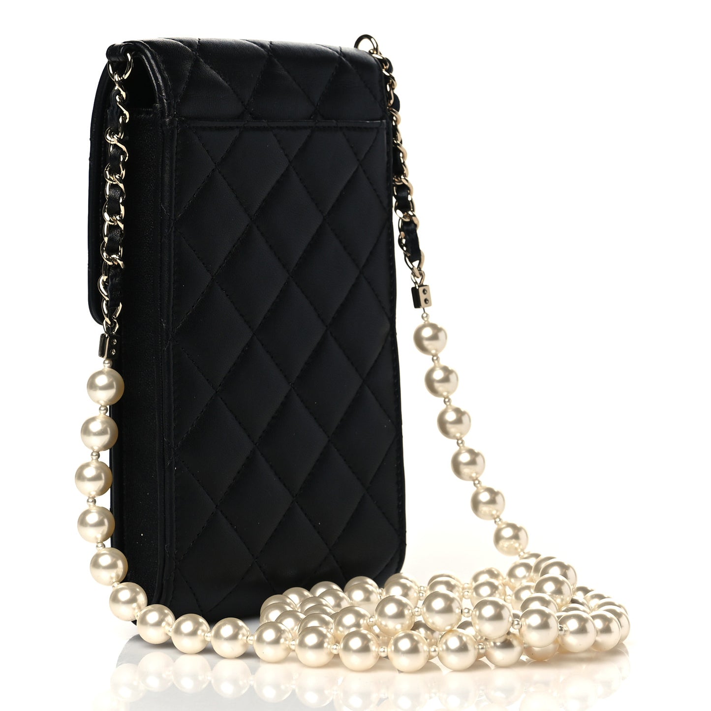 Lambskin Quilted Pearl Phone Holder With Chain Black
