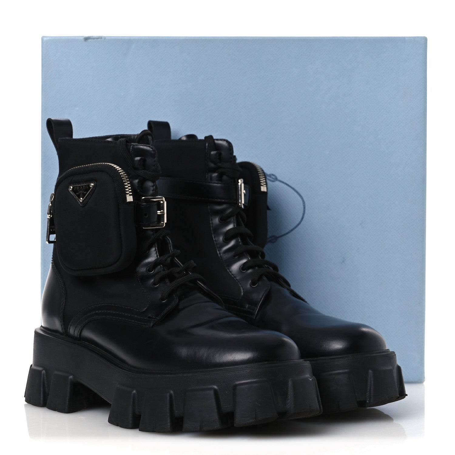 Prada Spazzolato Rois Nylon Metal Triangle Logo Monolith Pouch Pocket 55mm Boots 40.5 Black 12 of 12