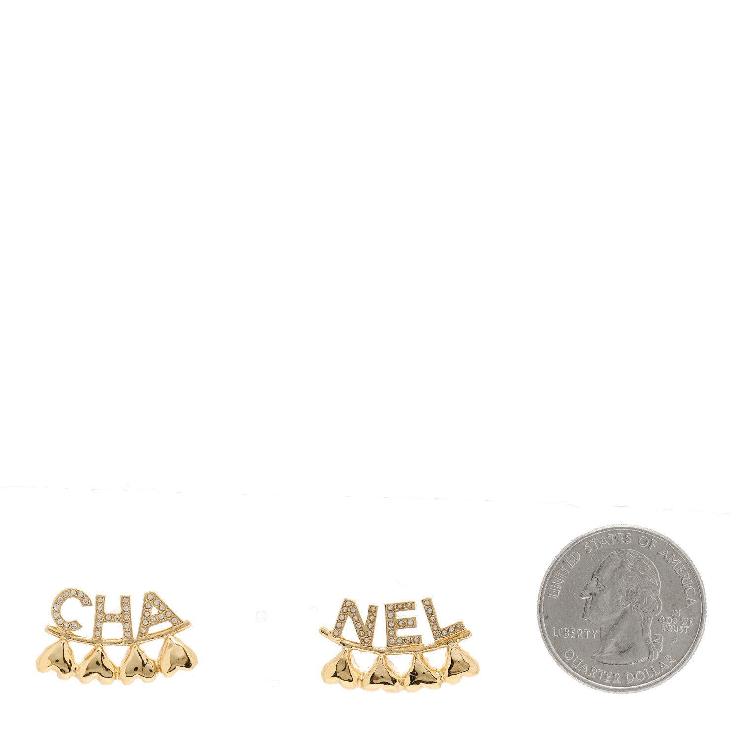 Chanel Crystal Heart Cha-Nel Logo Earrings Gold 2 of 4