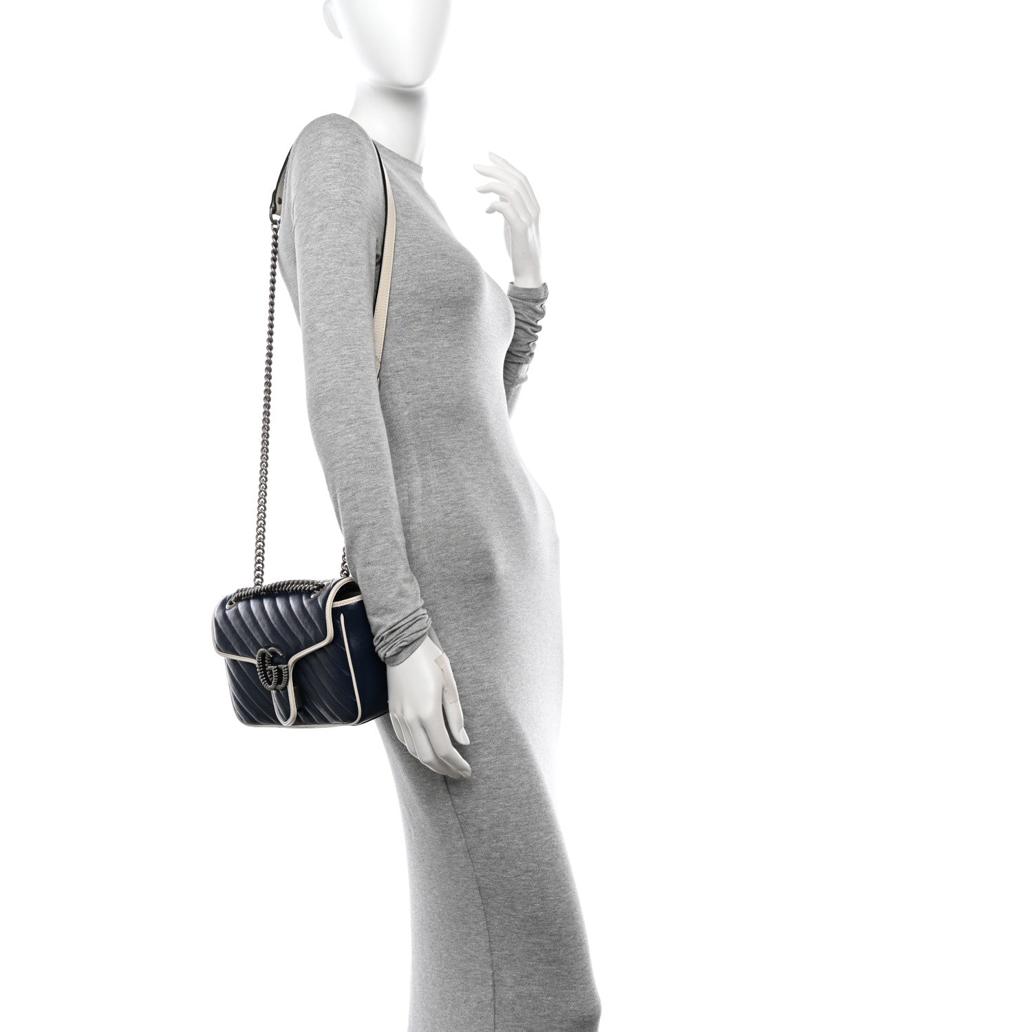 Gucci Vintage Effect Calfskin Matelasse Diagonal Small Torchon GG Marmont Shoulder Bag Blue Agata Mystic White 2 of 10