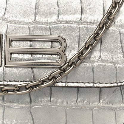 Balenciaga Metallic Extra Supple Calfskin Crocodile Embossed Gossip Wallet On Chain Silver 8 of 10