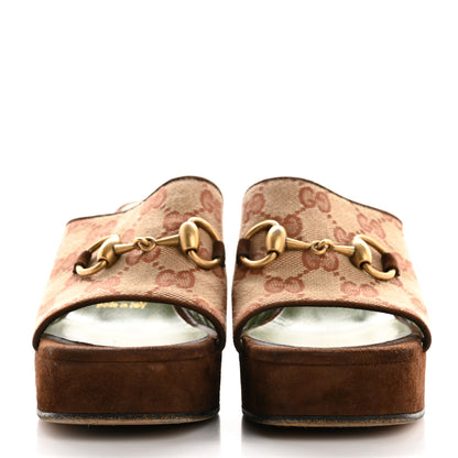 Gucci GG Monogram Kid Scamosciato Houdan Mid Heel Platform Slide Sandals 35 Beige Ruggine Maroon 3 of 11