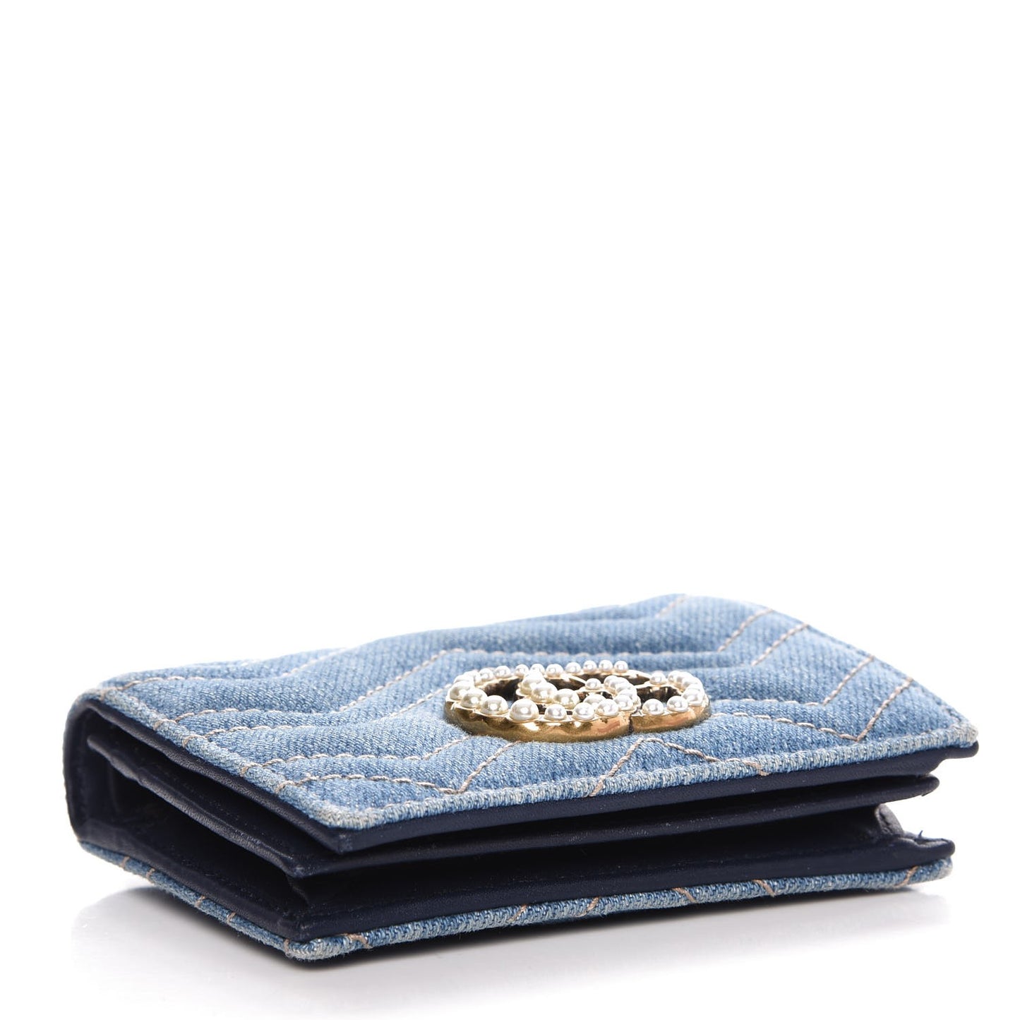 Denim Matelasse Pearly GG Marmont Card Case Wallet Blue