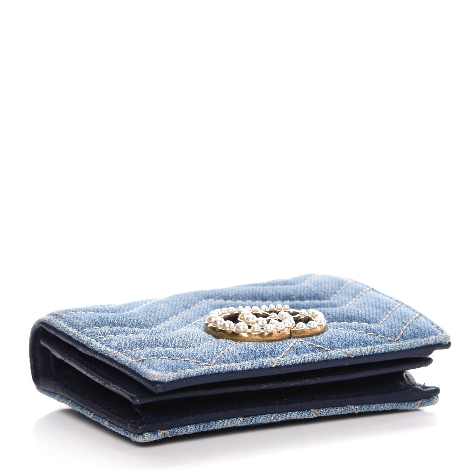 Gucci Denim Matelasse Pearly GG Marmont Card Case Wallet Blue 4 of 11