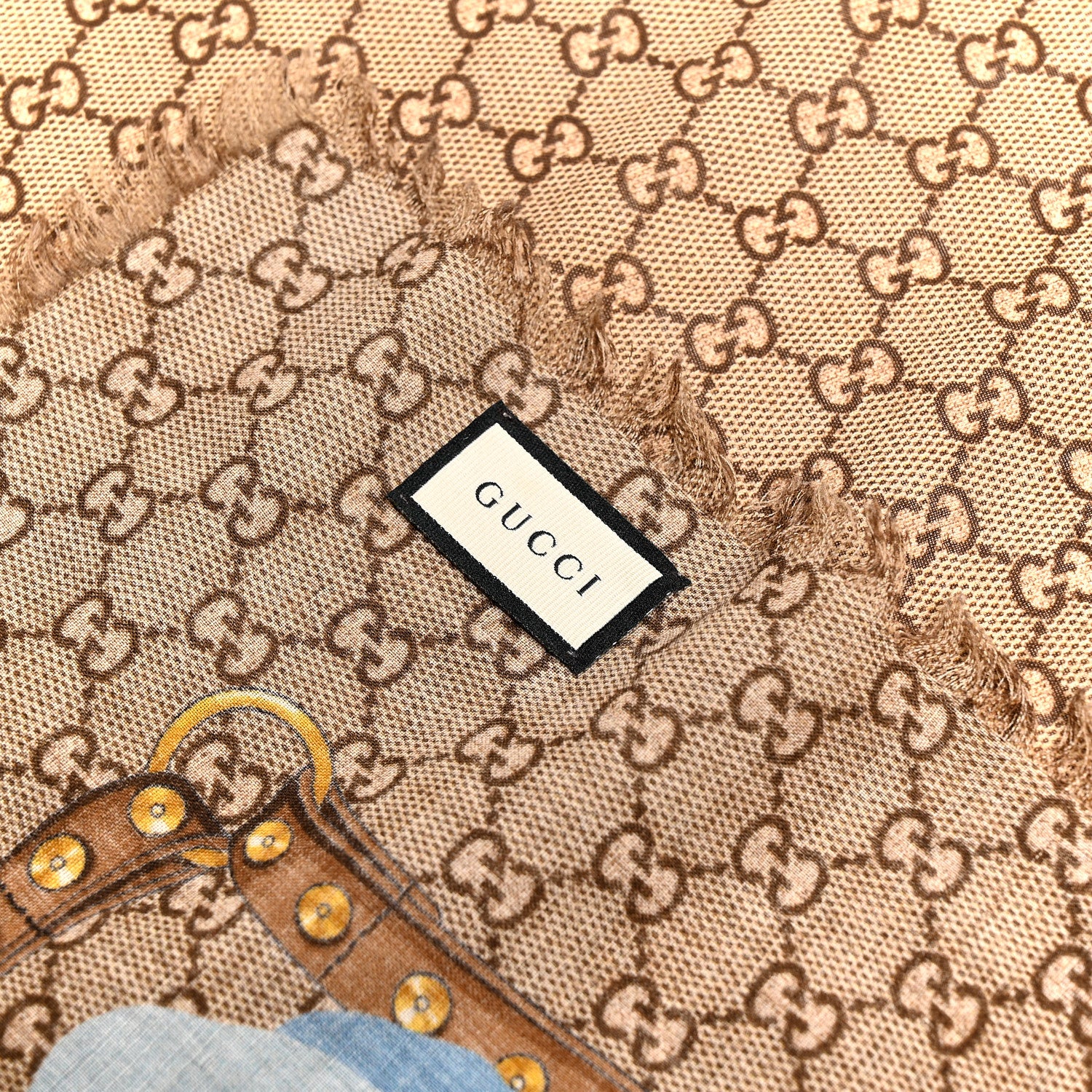 Gucci Wool Jacquard GG Monogram Big Panshie Fringe Shawl Sapphire Beige 2 of 3