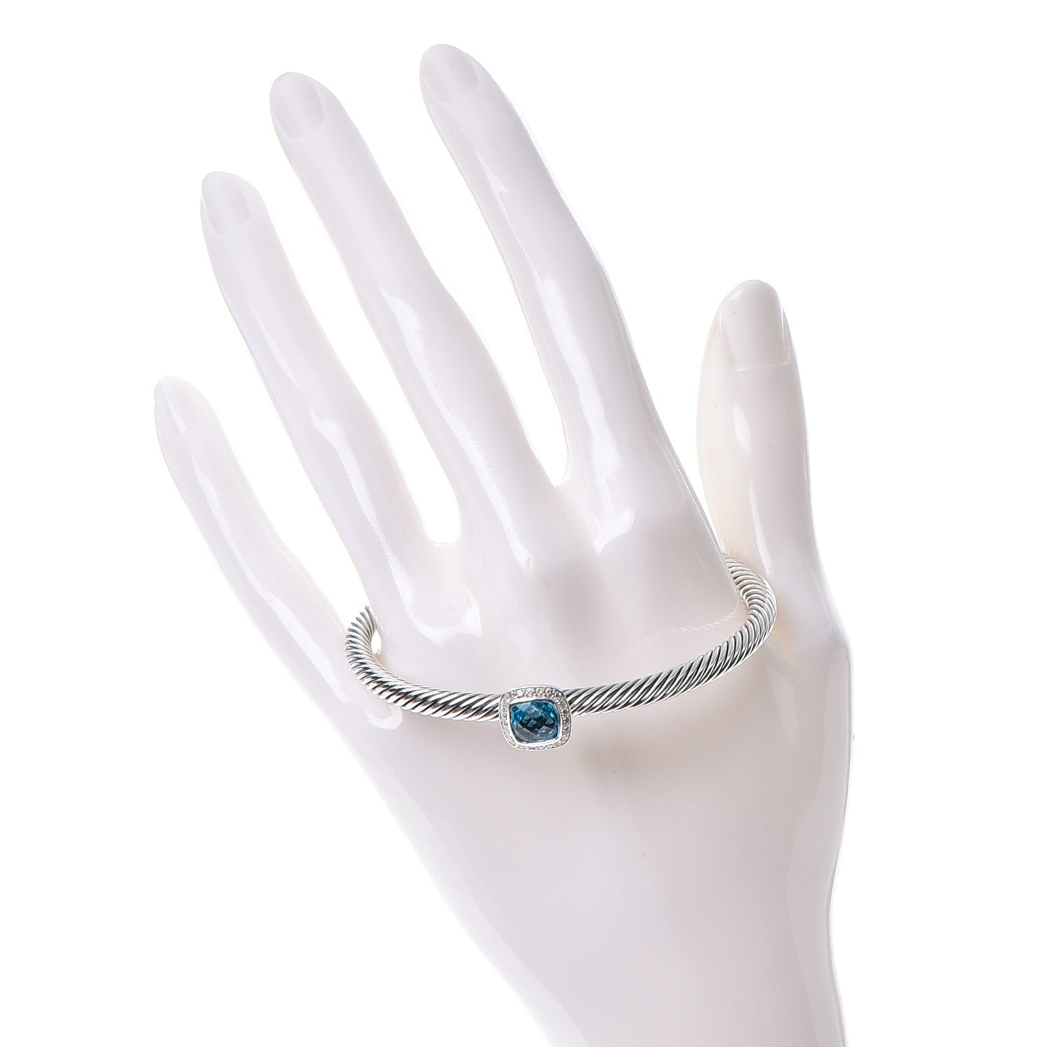 David Yurman Sterling Silver Diamond Blue Topaz 4mm Cable Cuff 2 of 5