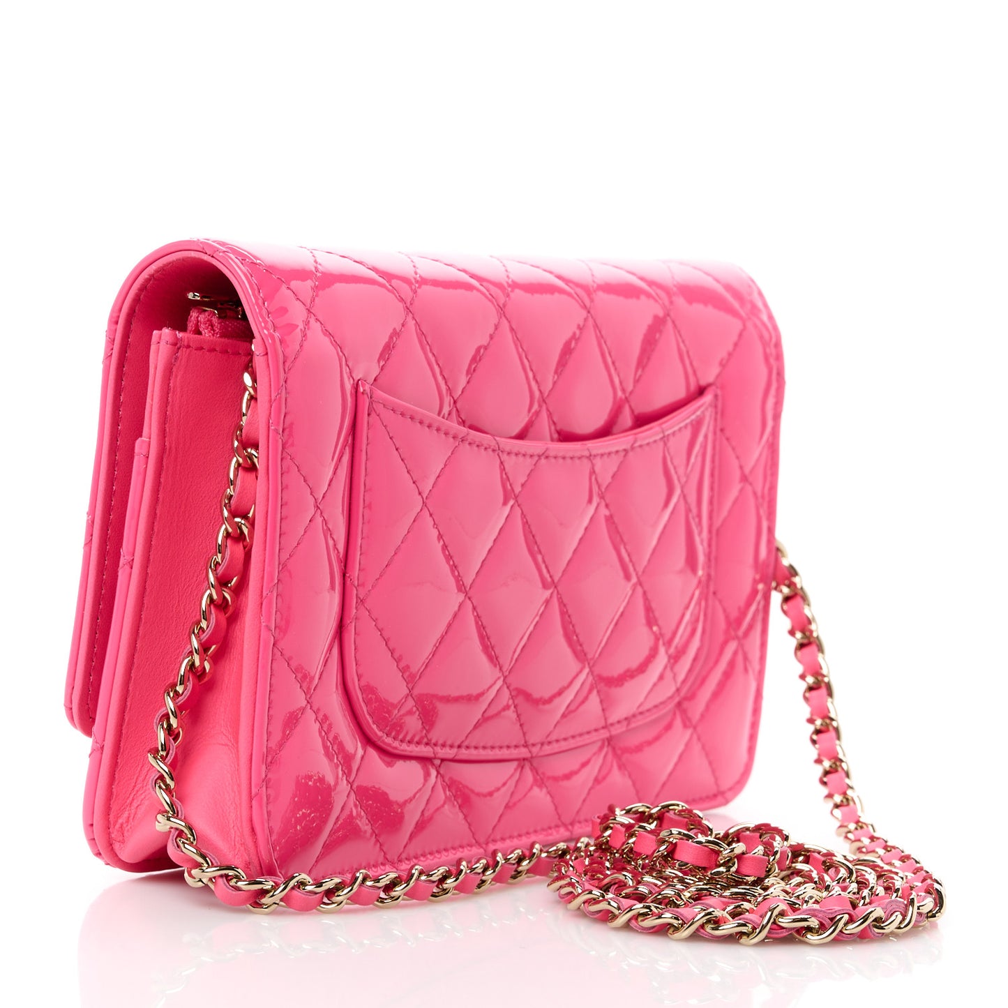 Patent Calfskin Quilted Wallet On Chain WOC Neon Pink