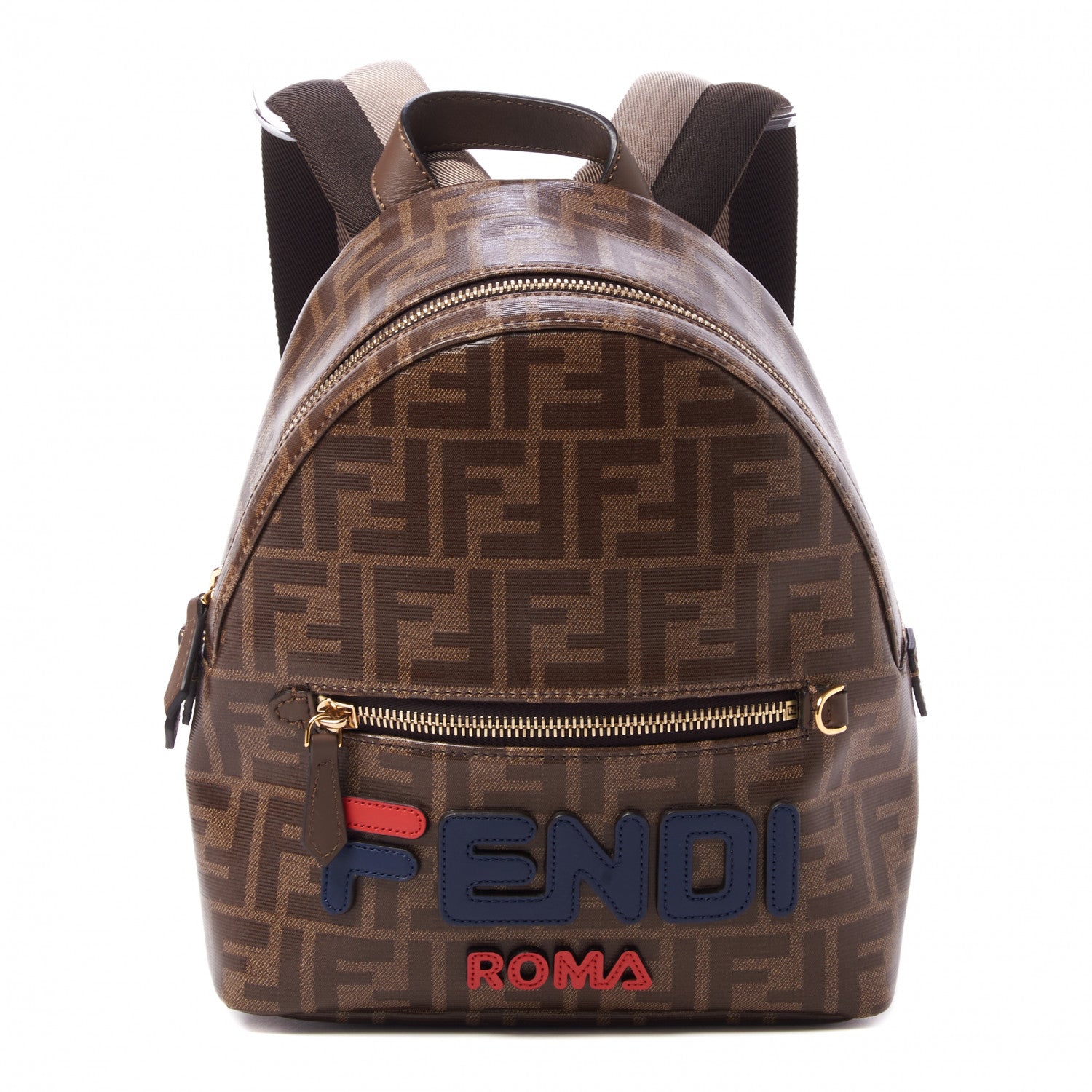 Fendi X FILA Glazed Fabric Vitello Century FF 1974 Mania Mini Backpack Mogano Panna Blueberry 1 of 9