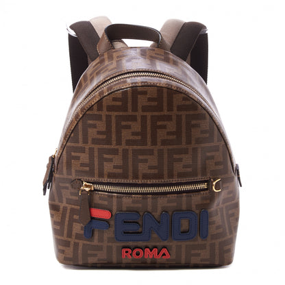 Fendi X FILA Glazed Fabric Vitello Century FF 1974 Mania Mini Backpack Mogano Panna Blueberry 1 of 9