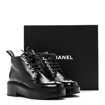 Chanel Shiny Calfskin Pearl Lace Up Combat Short Boots 38 Black 10 of 10