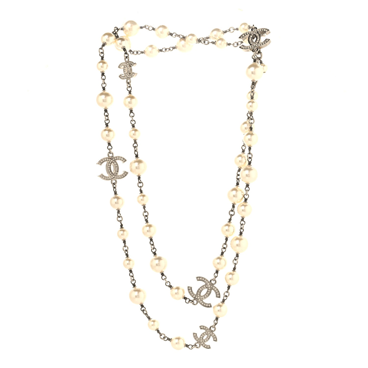 Chanel Crystal Pearl CC Long Necklace Silver 3 of 5