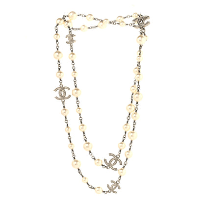 Chanel Crystal Pearl CC Long Necklace Silver 3 of 5