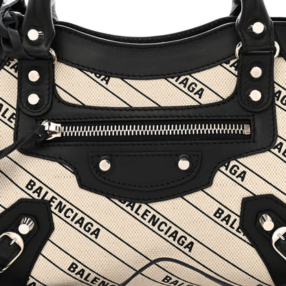 Balenciaga Canvas Satin Calfskin Diagonal Allover Logo Print Classic Silver Hardware Mini City Natural Black 9 of 11