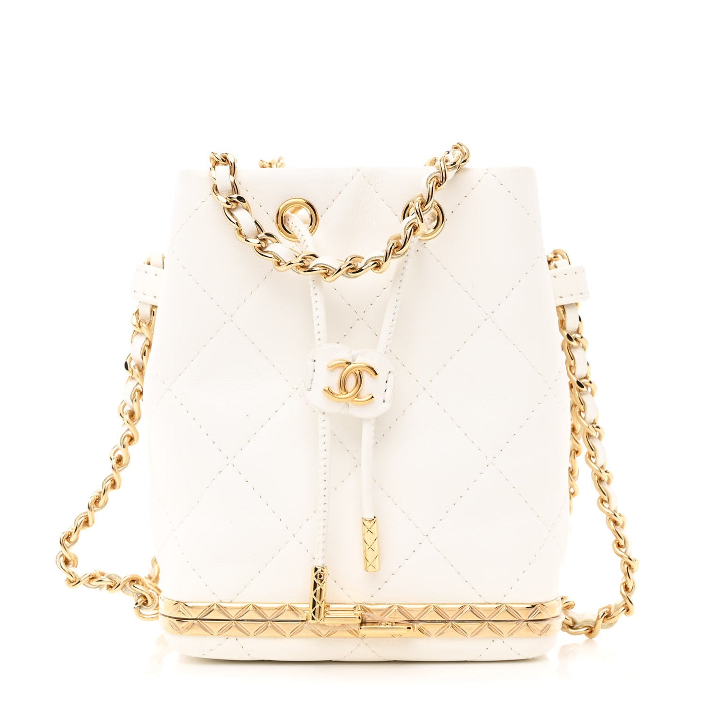 Metal Lambskin Quilted Small Chain Bucket Bag White