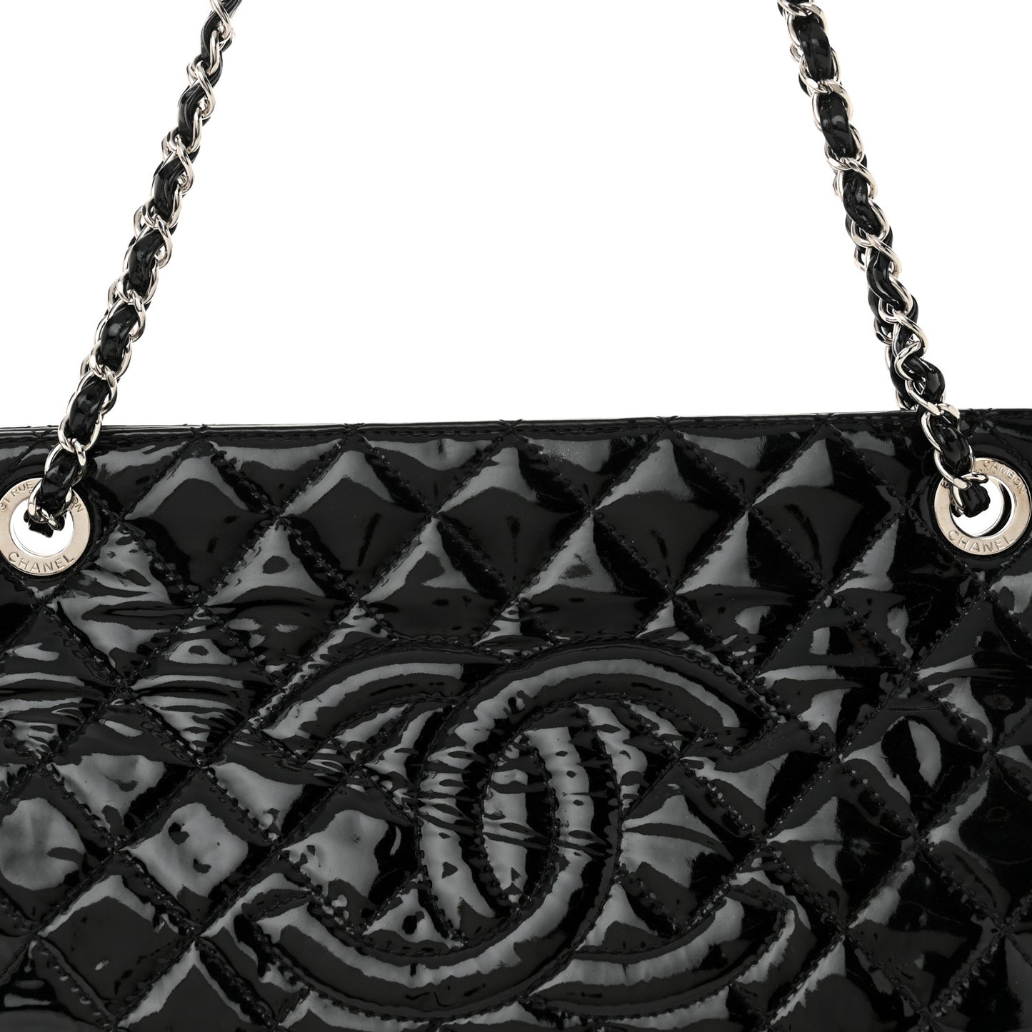 Patent Quilted Timeless CC Shopping Tote Black