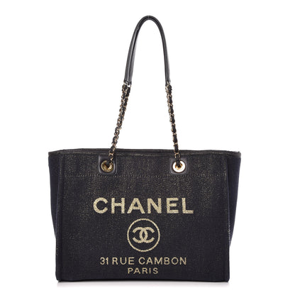 Chanel Lurex Canvas Small Deauville Tote Navy Blue Gold 1 of 11