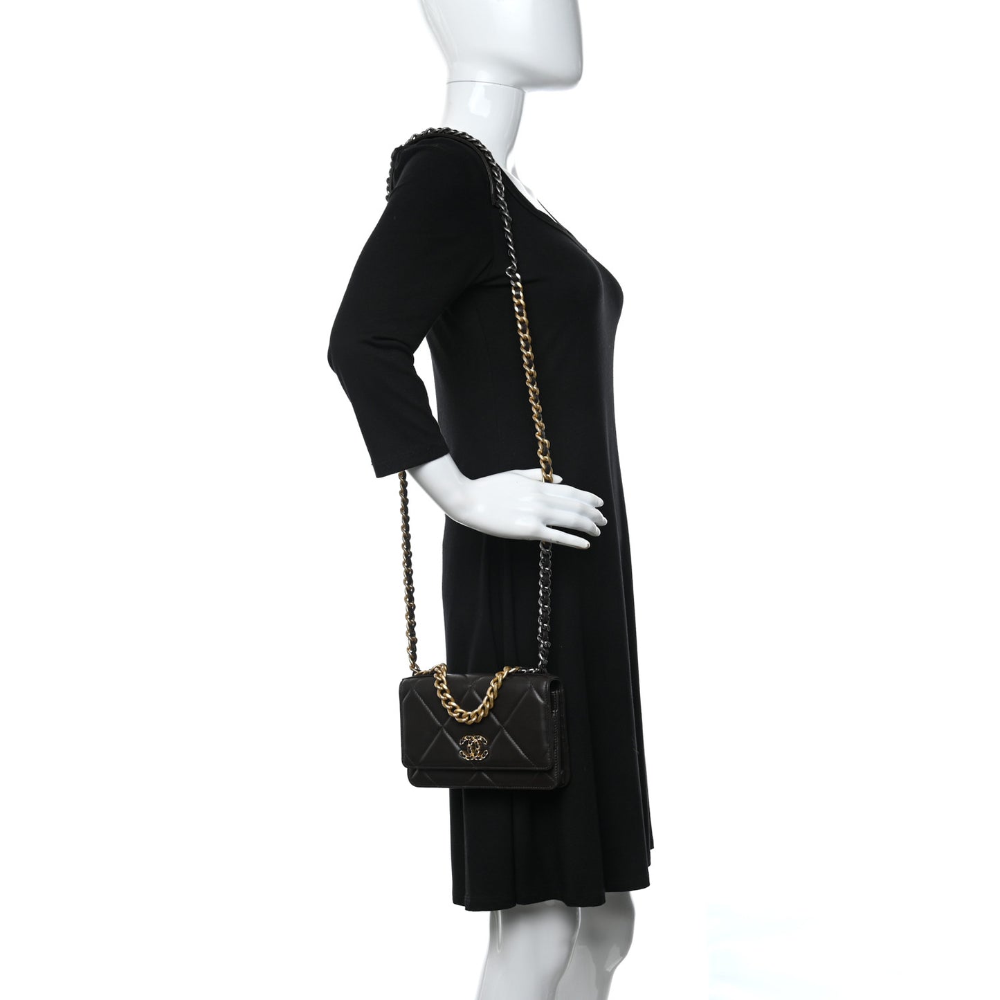 Lambskin Quilted Chanel 19 Wallet On Chain WOC Dark Brown