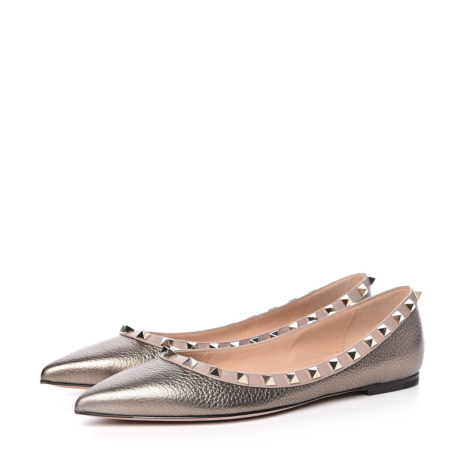 Valentino Garavani Metallic Pebbled Calfskin Rockstud Ballerina Flats 38 Sasso Poudre 3 of 9