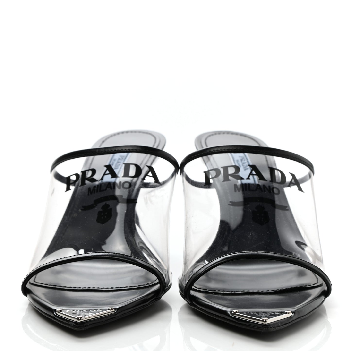 Plexiglass Calfskin Metal Triangle Logo 75mm Slide Sandals 37.5 Black