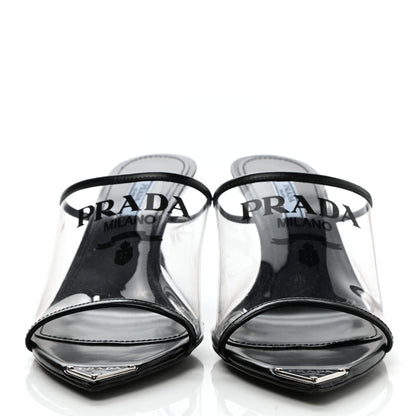 Prada Plexiglass Calfskin Metal Triangle Logo 75mm Slide Sandals 37.5 Black 2 of 8