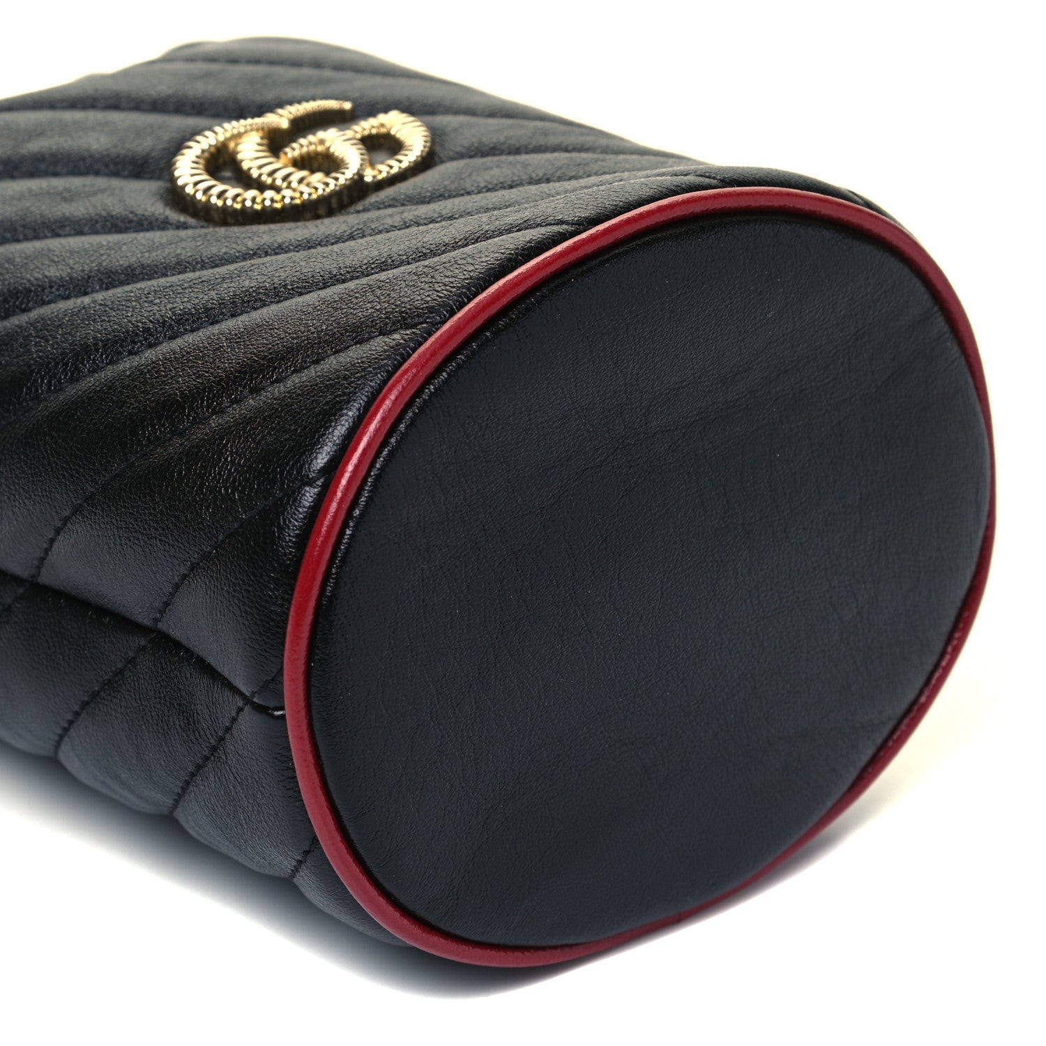 Gucci Vintage Effect Calfskin Matelasse Diagonal Mini Torchon GG Marmont 2.0 Bucket Bag Black Romantic Cherry 6 of 7