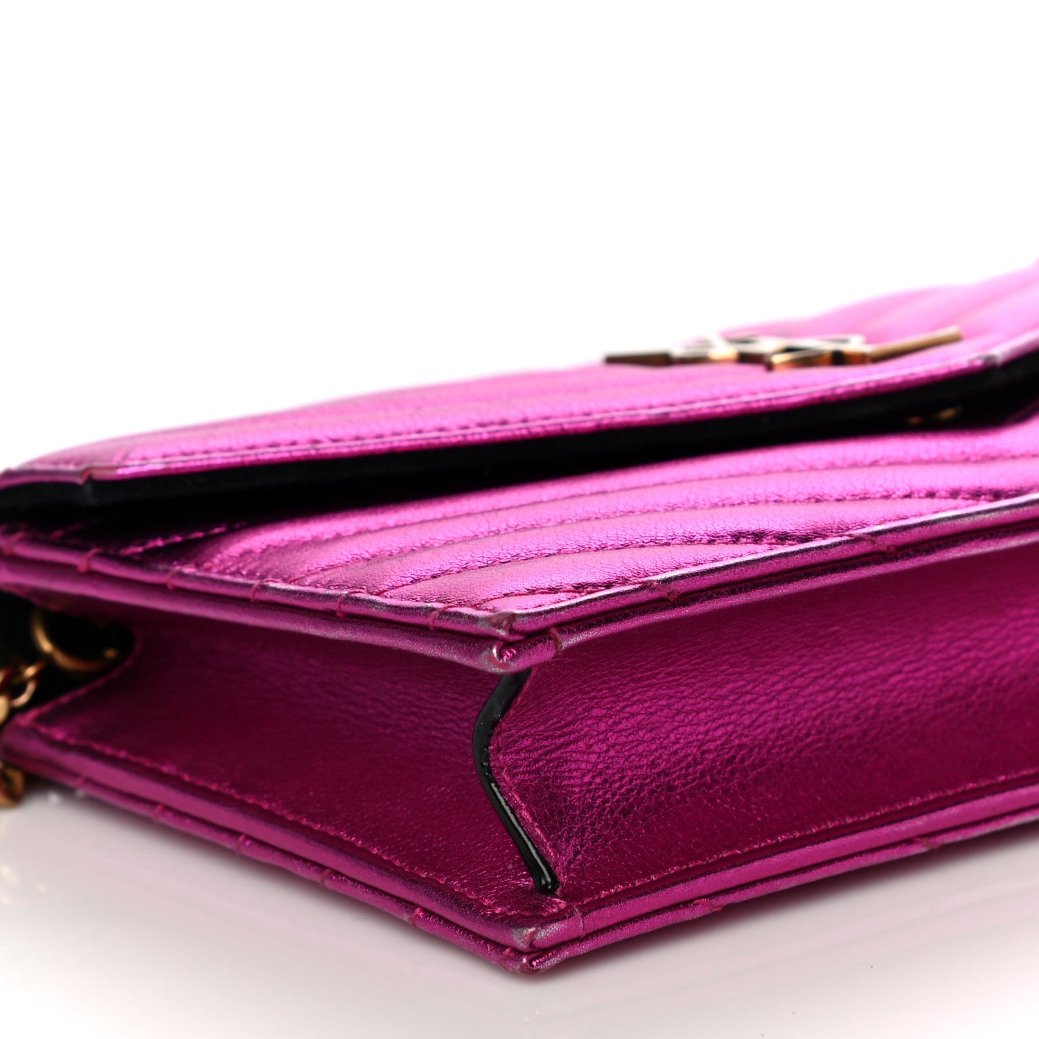 Saint Laurent Metallic Calfskin Matelasse Chevron Monogram Envelope Chain Wallet Fuchsia 8 of 15