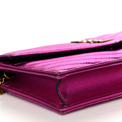 Saint Laurent Metallic Calfskin Matelasse Chevron Monogram Envelope Chain Wallet Fuchsia 8 of 15