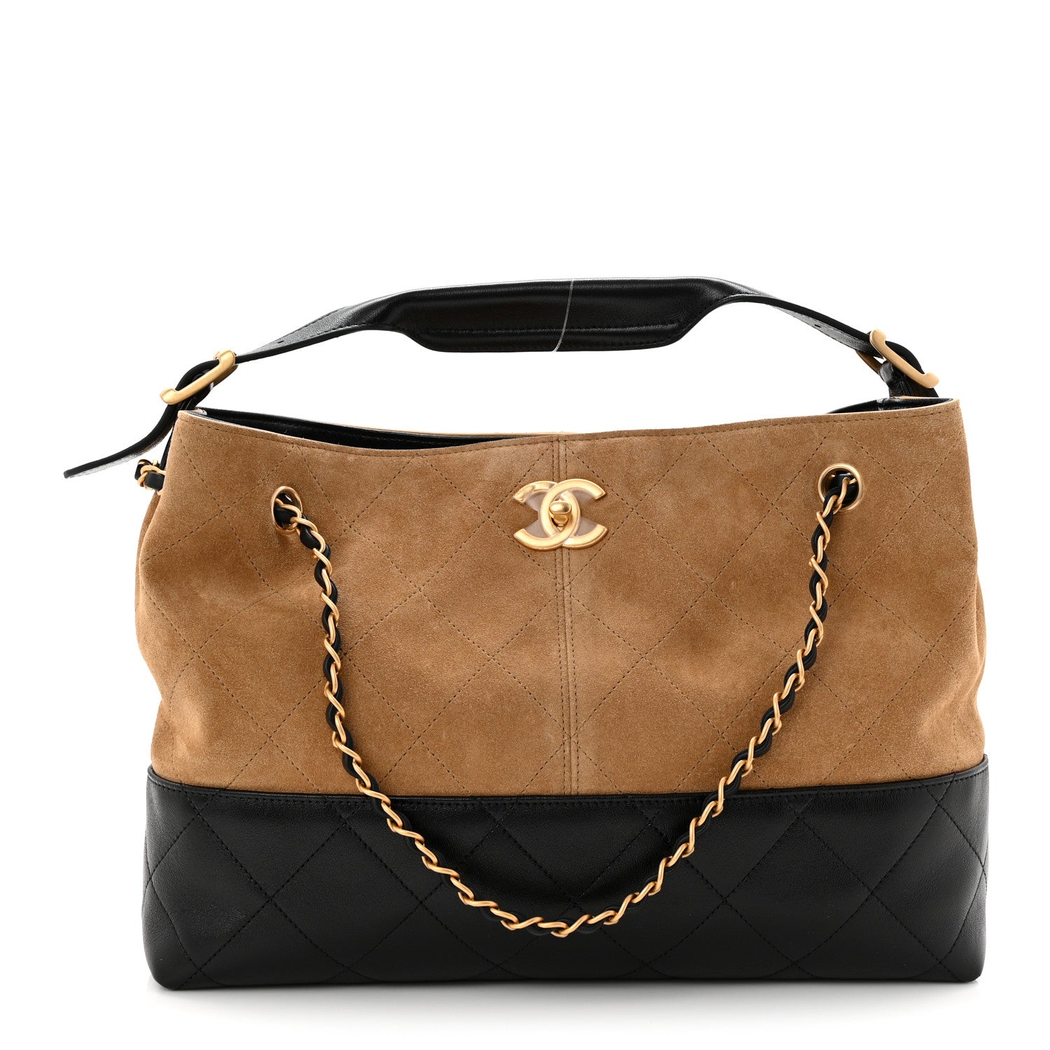 Chanel Suede Calfskin Shiny Lambskin Quilted Small Coco Base Shopping Bag Beige Black 1 of 11