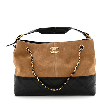 Chanel Suede Calfskin Shiny Lambskin Quilted Small Coco Base Shopping Bag Beige Black 1 of 11